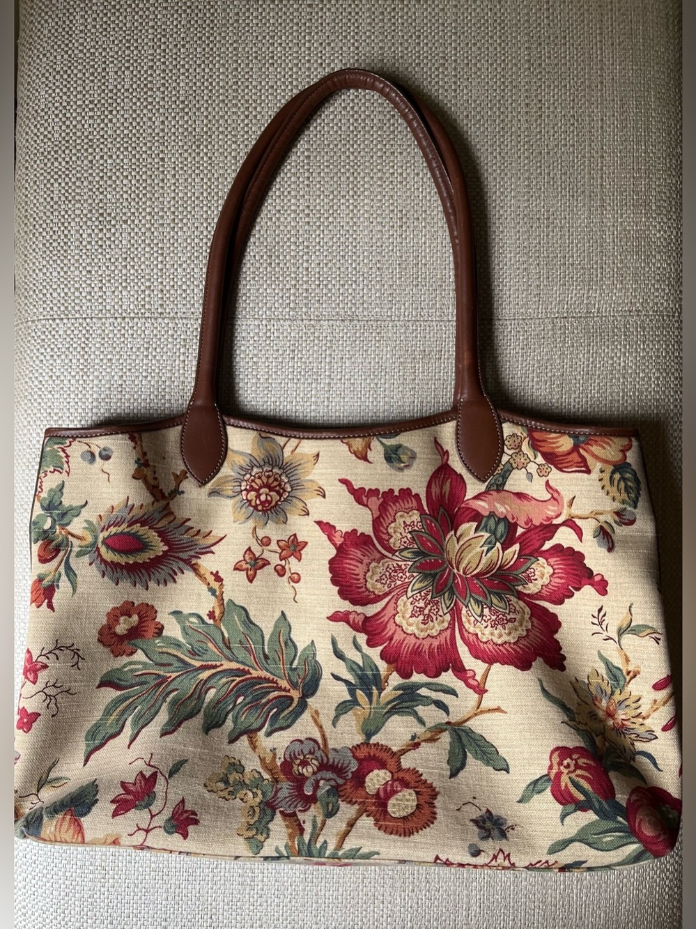 Talbots Floral Tote Bag with Brown Leather Accents